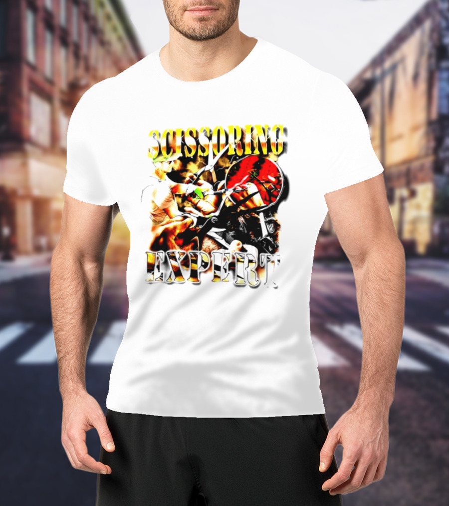 Scissoring Expert Vibrant Scissors Holding T-Shirt