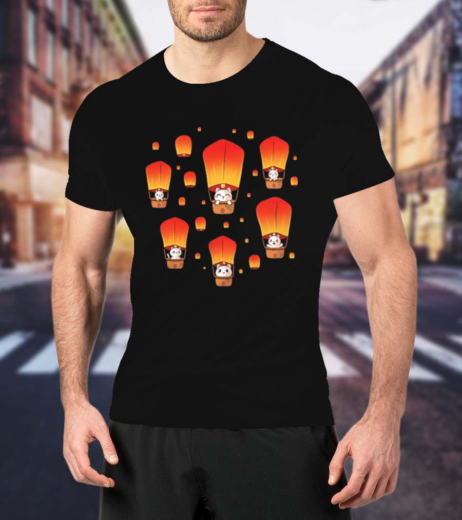Cats In Lanterns Floating Skyward With Chinese New Year Charm T-Shirt