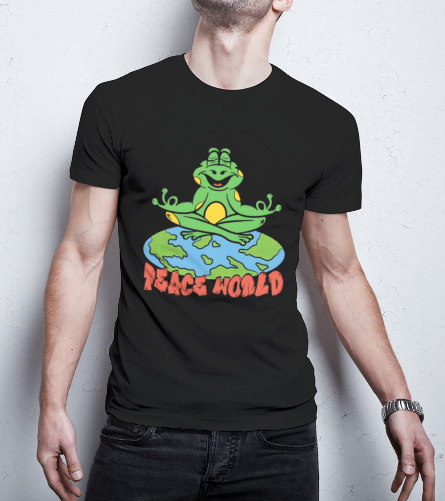 Meditating Frog Sitting On Planet Earth Peace World T-Shirt
