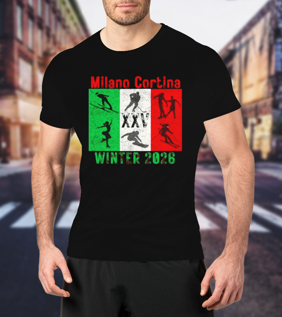 Milano Cortina Winter 2026 Italy Flag XXV Skiing Skating Snowboarding T-Shirt