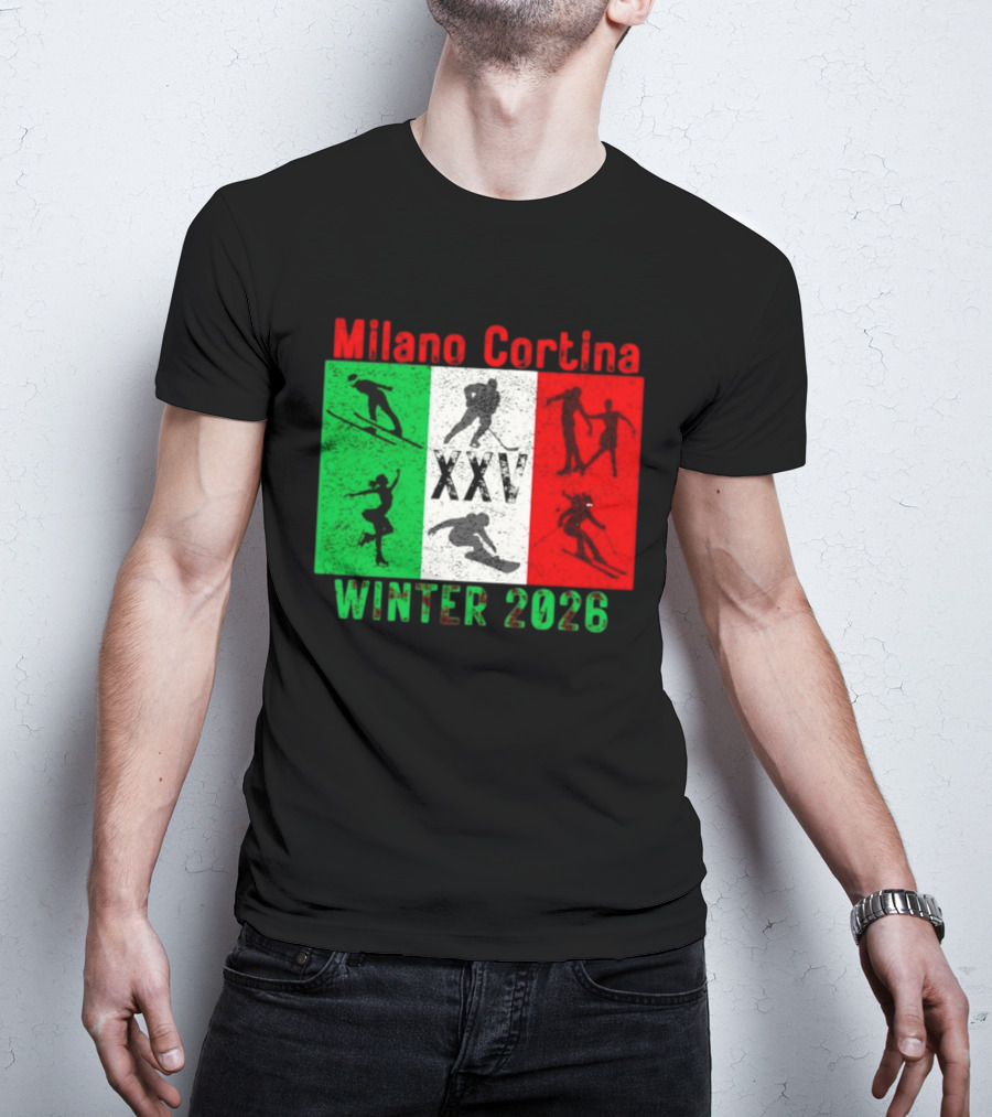 Milano Cortina Winter 2026 Italy Flag XXV Skiing Skating Snowboarding T-Shirt