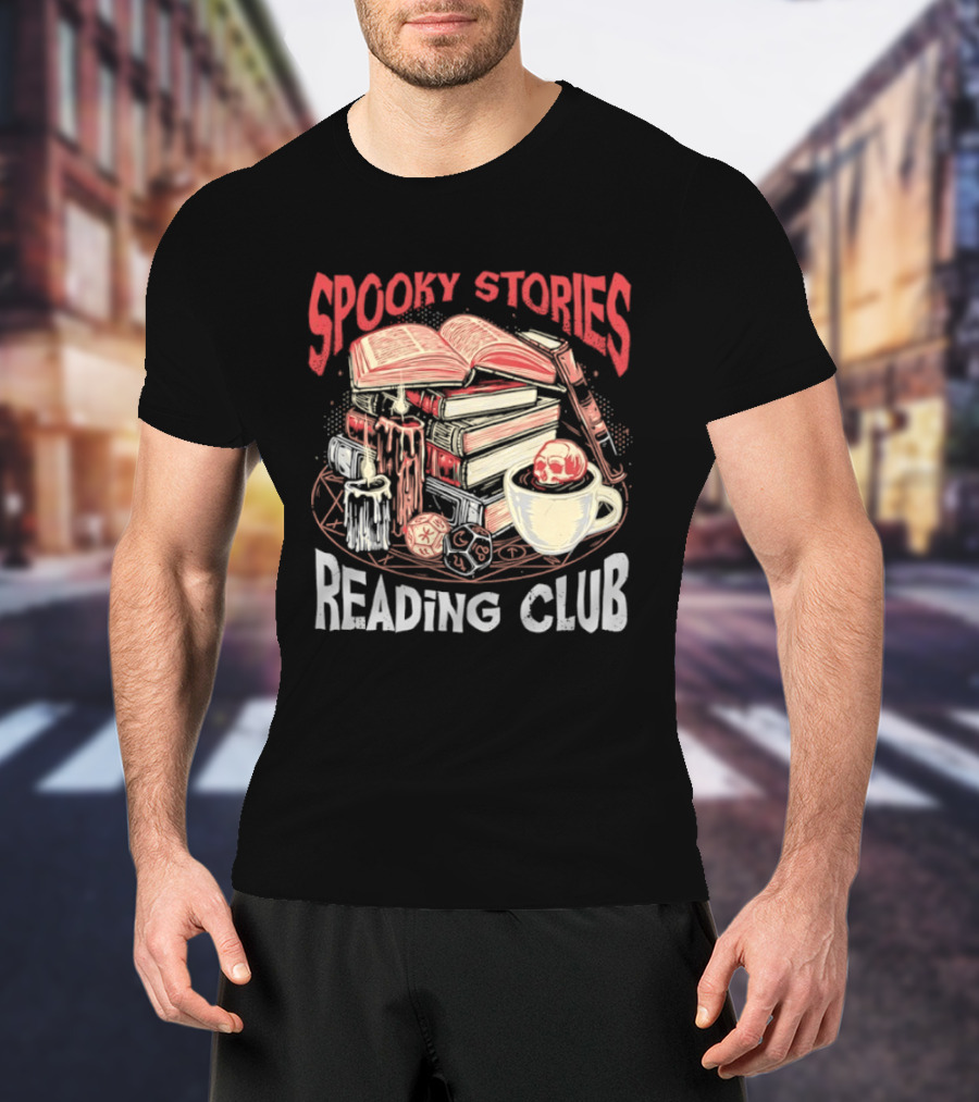 Spooky Stories Reading Club Books Candles Skulls And Cup T-Shirt