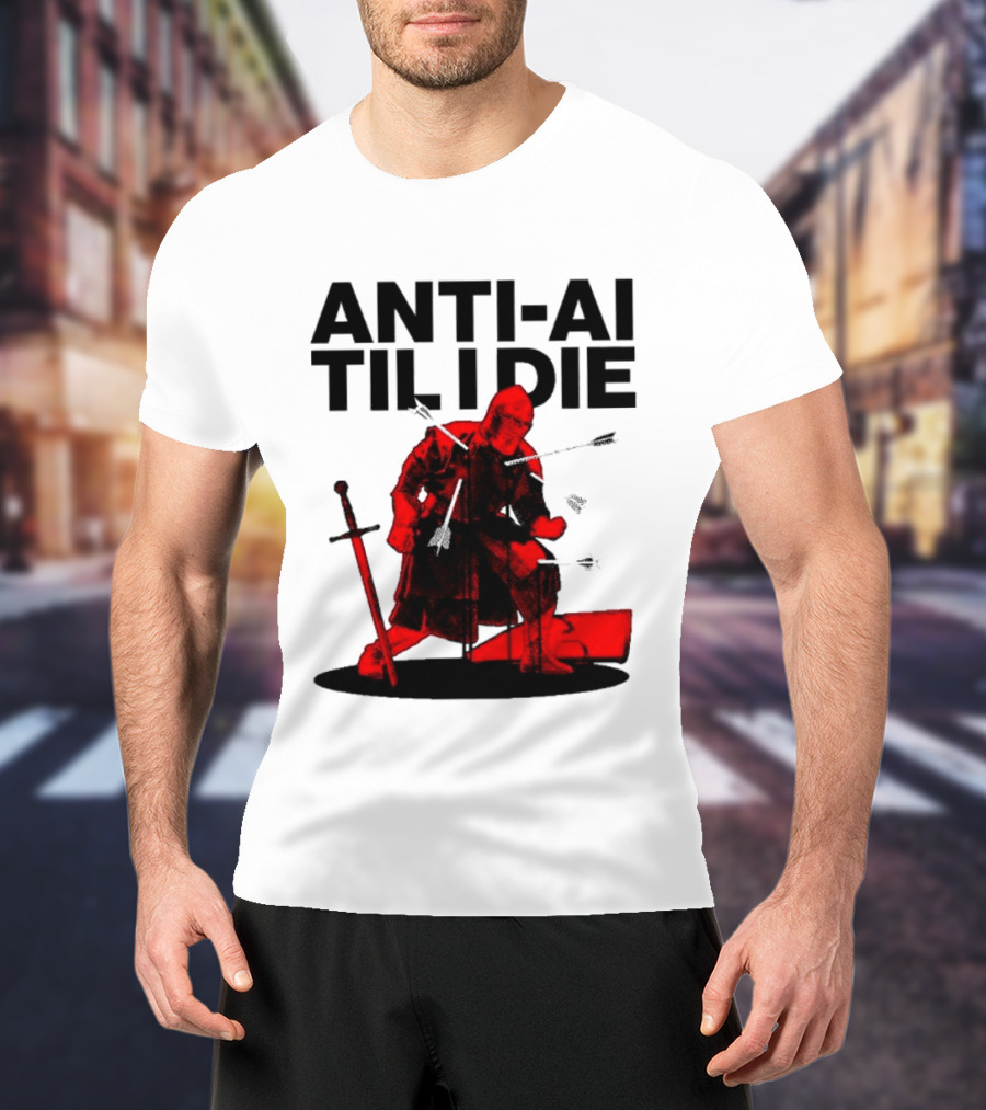 ANTI AI TIL I DIE Medieval Warrior Kneeling With Sword And Arrows T-Shirt