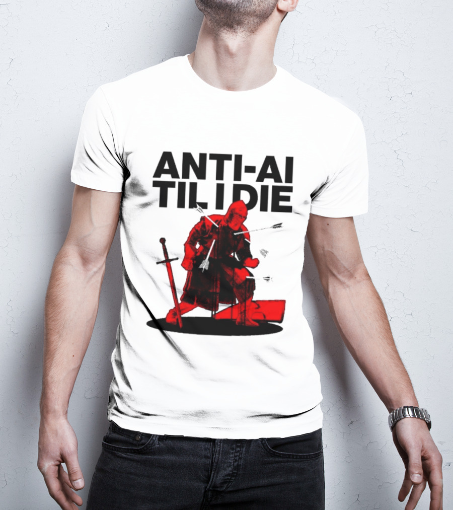 ANTI AI TIL I DIE Medieval Warrior Kneeling With Sword And Arrows T-Shirt