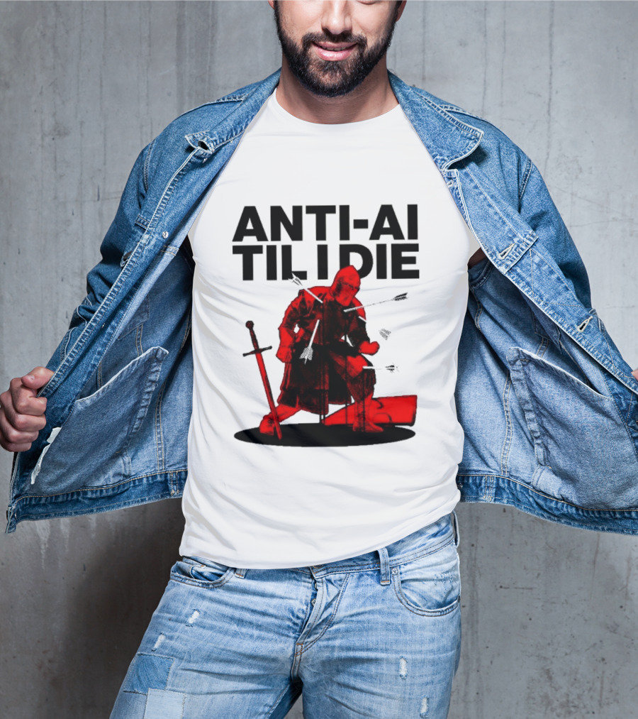 ANTI AI TIL I DIE Medieval Warrior Kneeling With Sword And Arrows T-Shirt