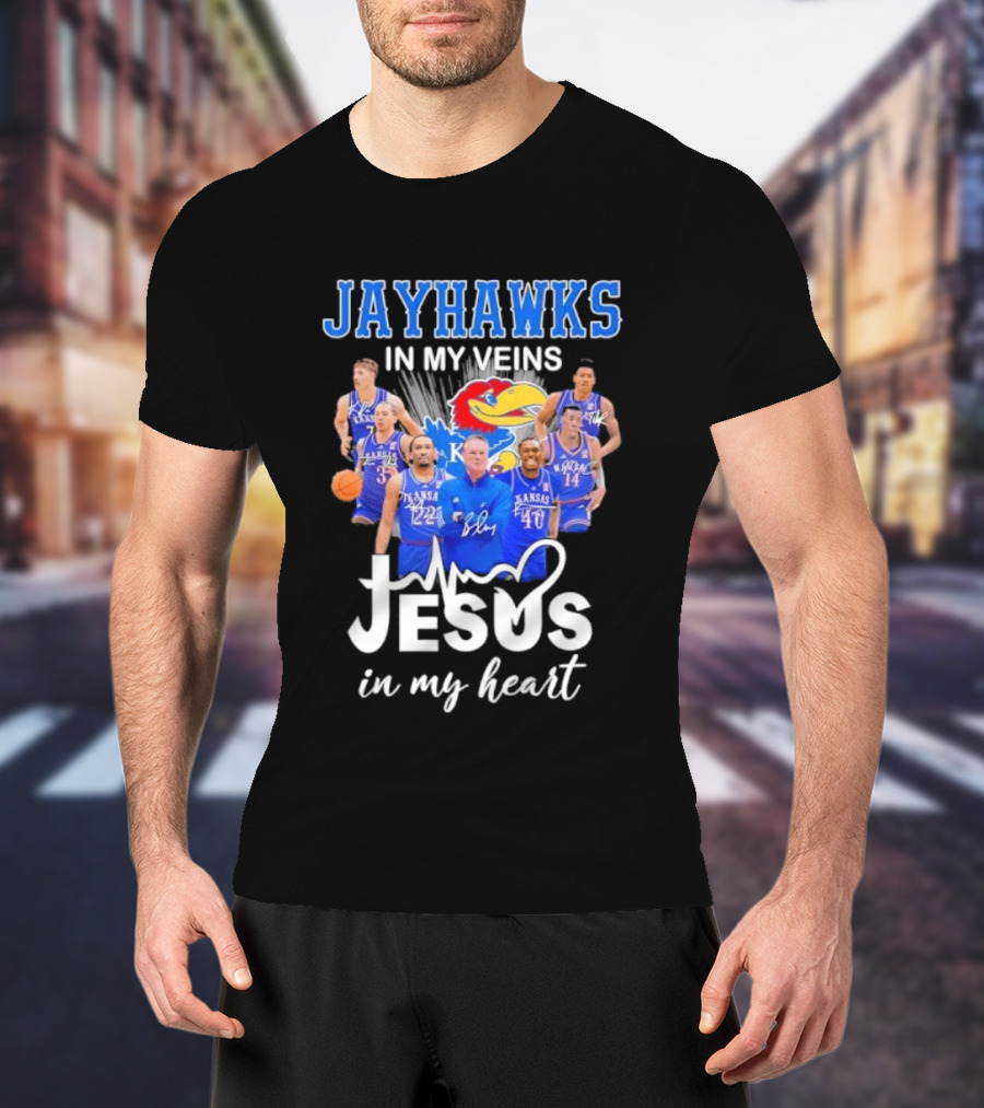 Jayhawks In My Veins Jesus In My Heart Kansas Basketball Coach Bill Self Players T-Shirt