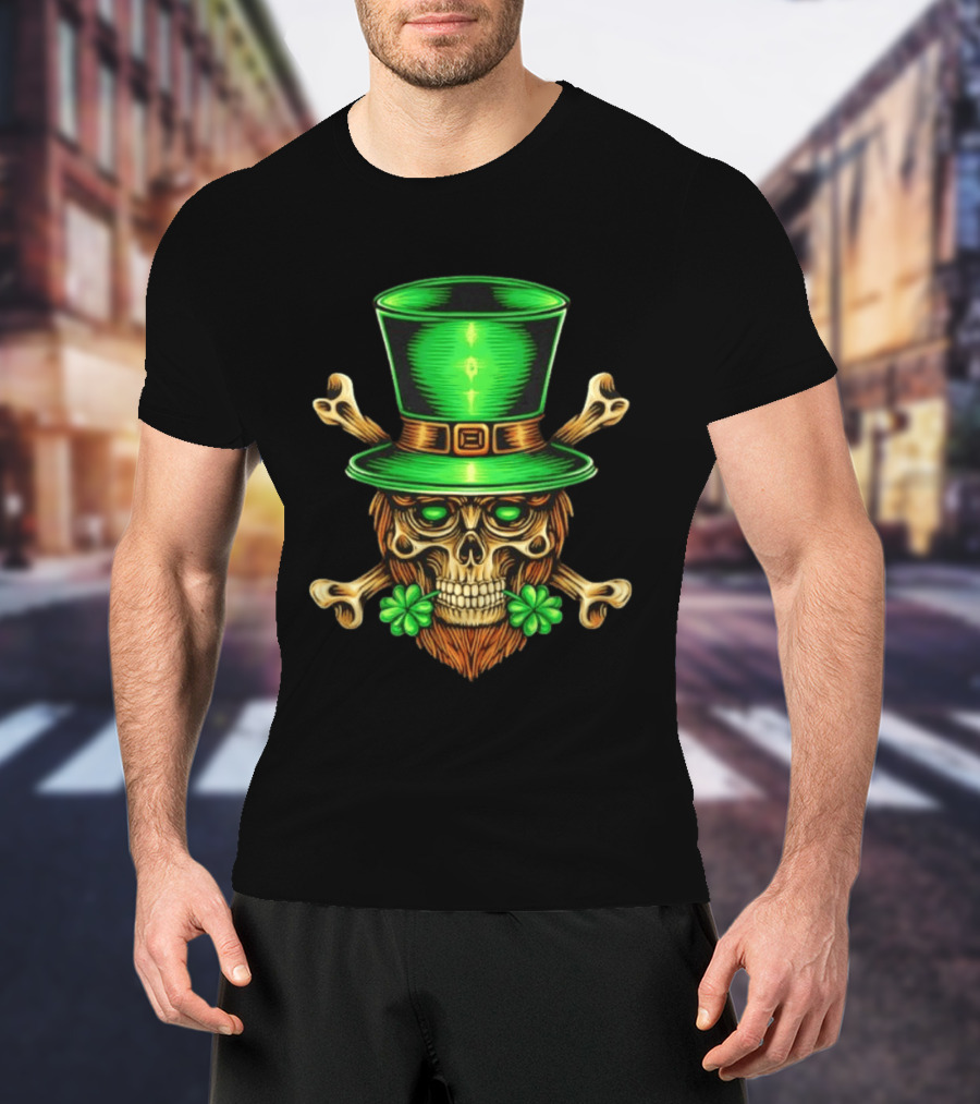 Leprechaun Irish Skull Clover Crossbones Green Top Hat St Patrick's Day T-Shirt