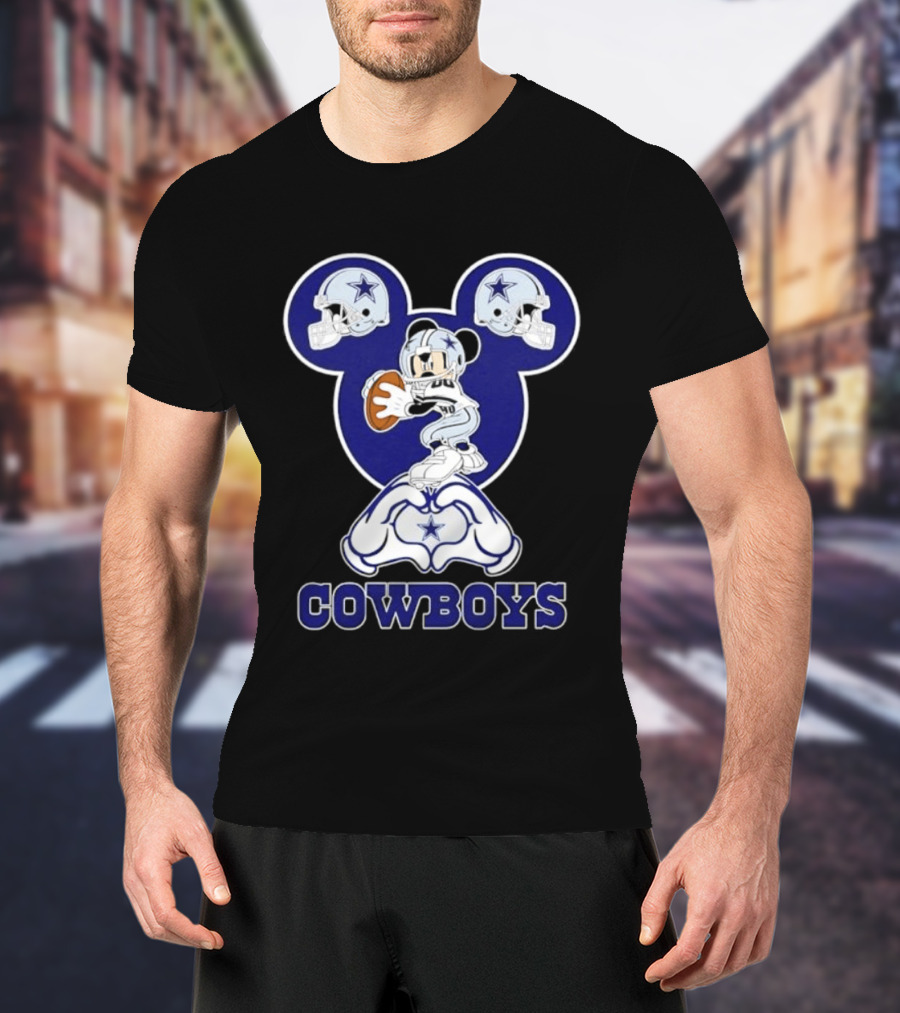 Dallas Cowboys Mickey Mouse Heart Hands Football Helmets T-Shirt