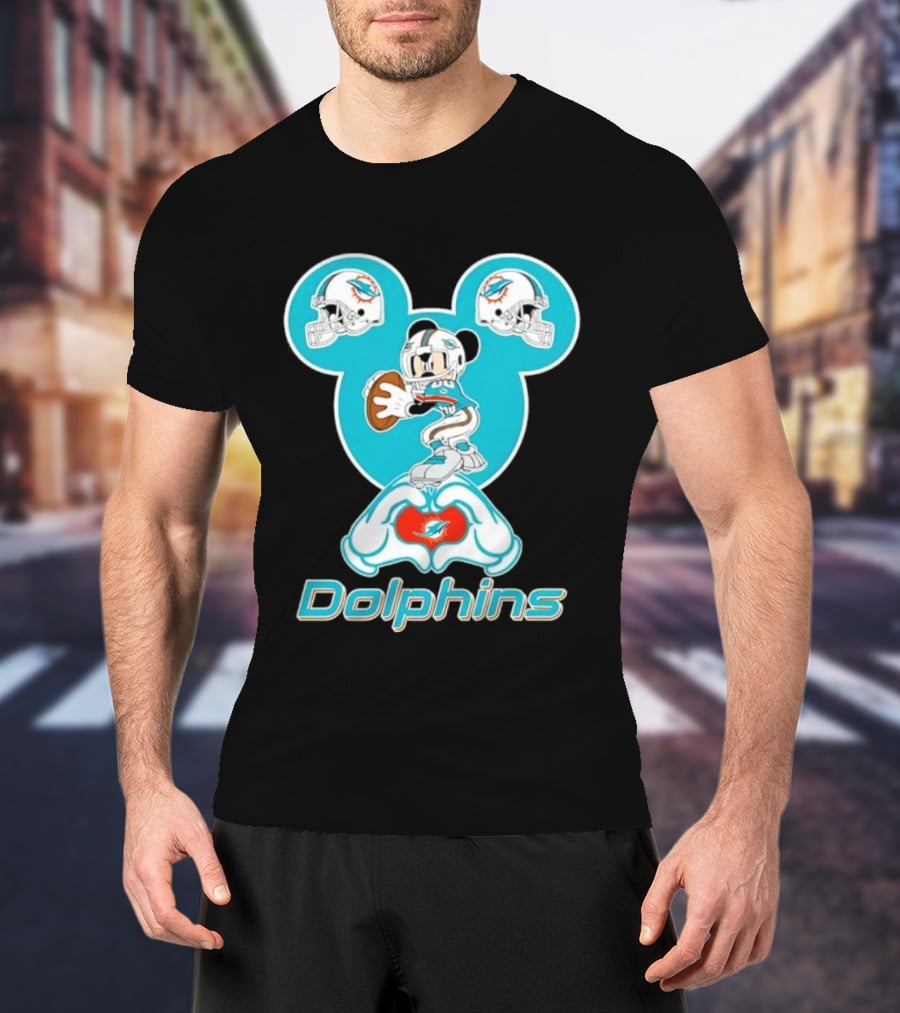 Miami Dolphins Mickey Mouse Heart Hands Football Helmets T-Shirt