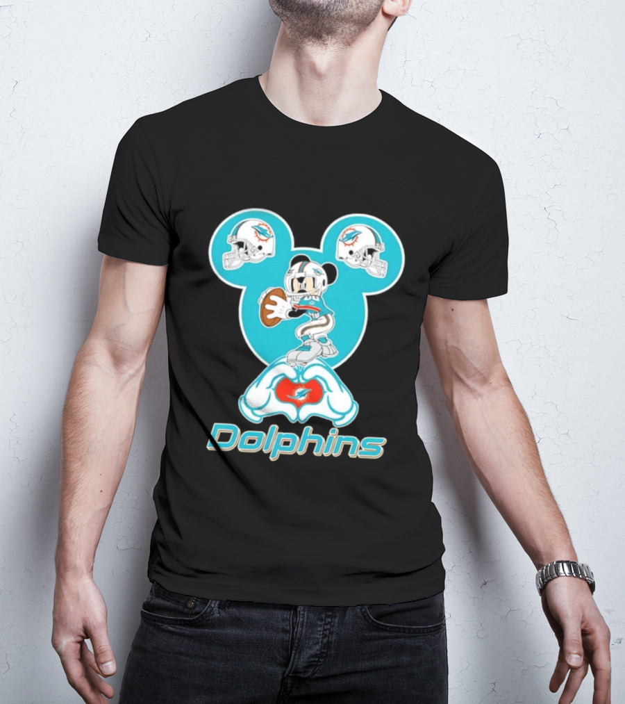 Miami Dolphins Mickey Mouse Heart Hands Football Helmets T-Shirt