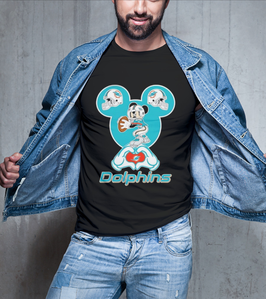 Miami Dolphins Mickey Mouse Heart Hands Football Helmets T-Shirt