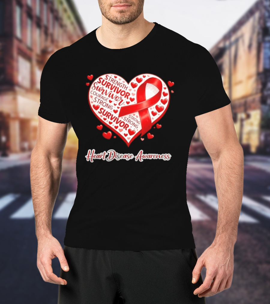 Survivor Strength Courage Strong Heart Disease Awareness Red Ribbon T-Shirt