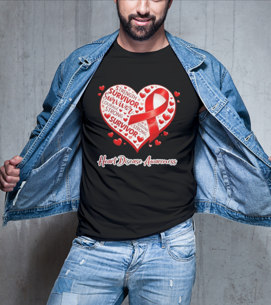 Survivor Strength Courage Strong Heart Disease Awareness Red Ribbon T-Shirt