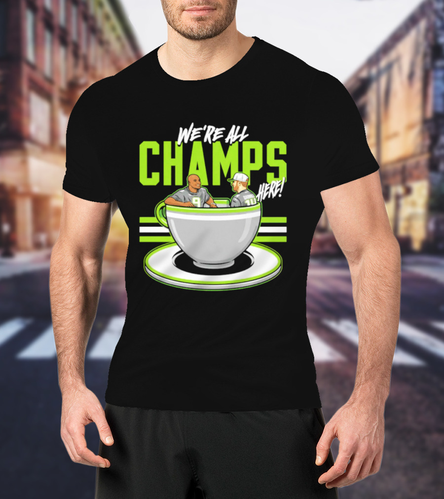 We're All Champs Here Kenneth Walker III Sam Darnold Seattle Tea Cup T-Shirt