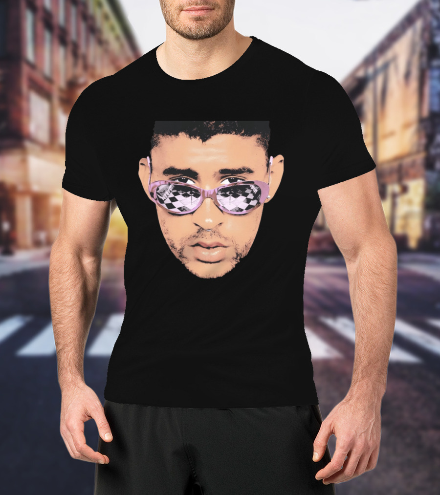 Bad Bunny Big Face Pastel Sunglasses Checkered T-Shirt