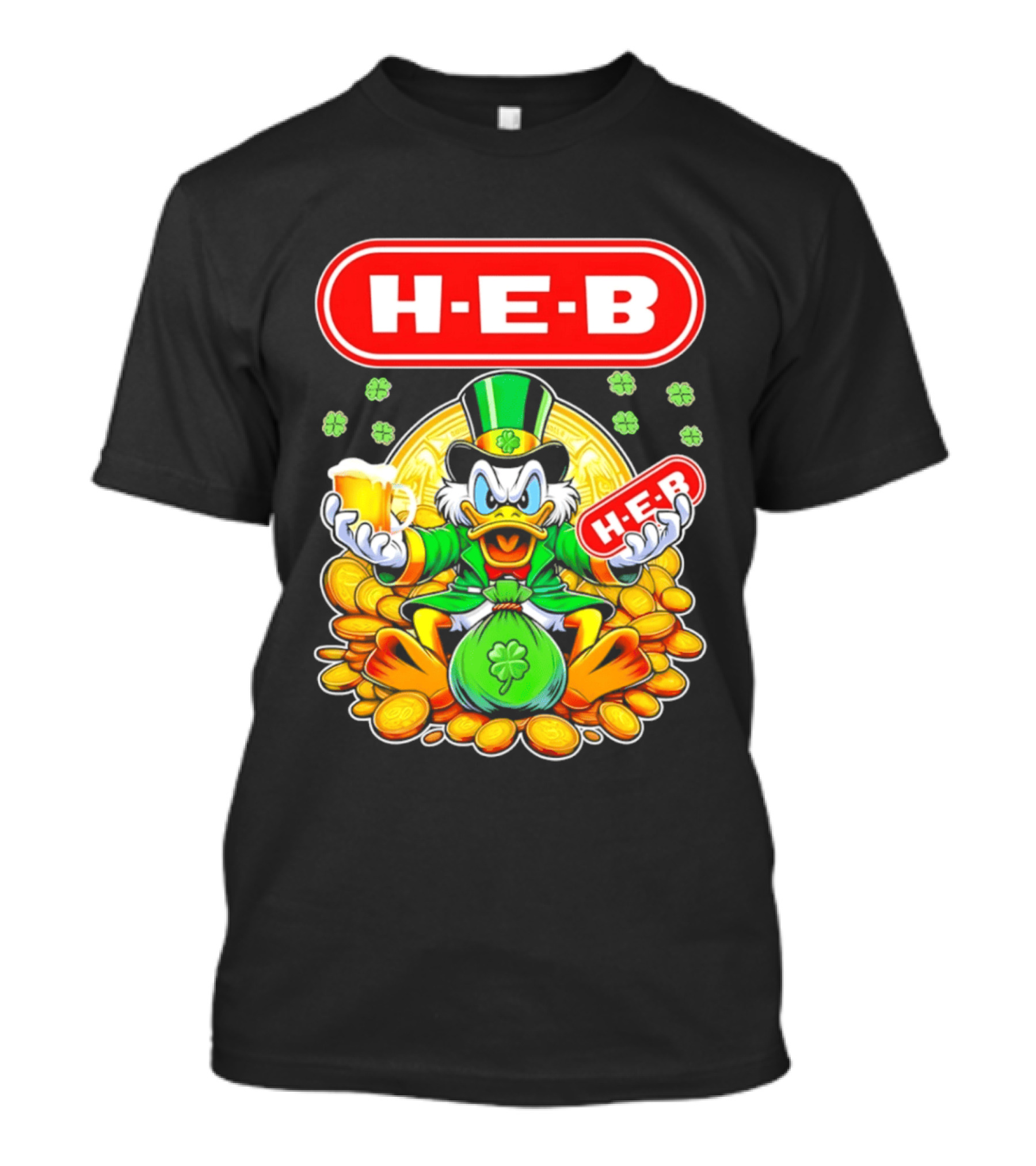 H E B St Patricks Day Scrooge McDuck Coins And Clover Hat T-Shirt