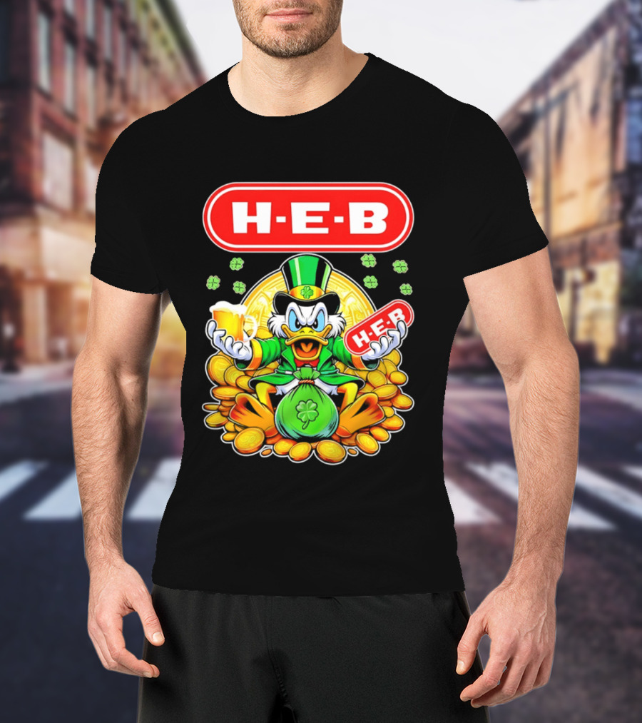 H E B St Patricks Day Scrooge McDuck Coins And Clover Hat T-Shirt