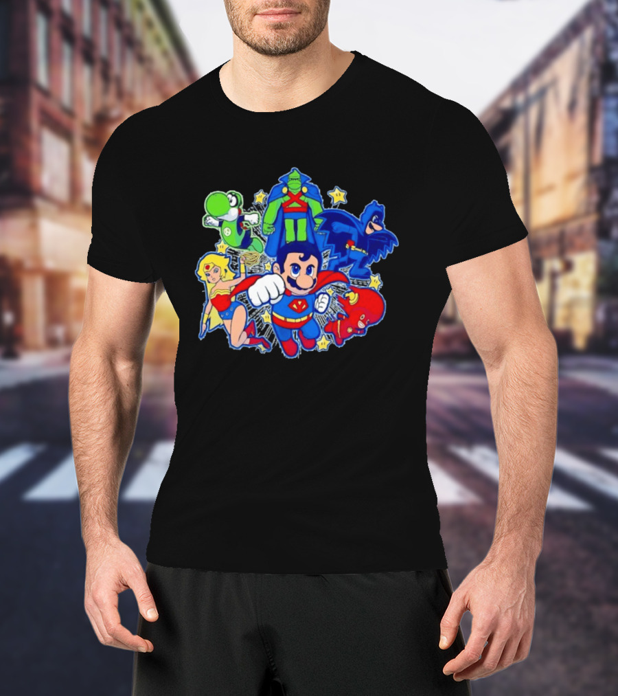 Justice League Mario Bros Crossover With Yoshi Batman Flash Wonder Woman Martian Manhunter T-Shirt