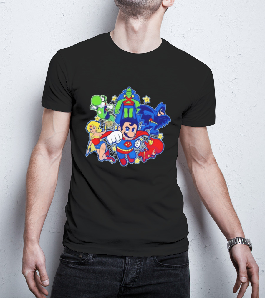Justice League Mario Bros Crossover With Yoshi Batman Flash Wonder Woman Martian Manhunter T-Shirt