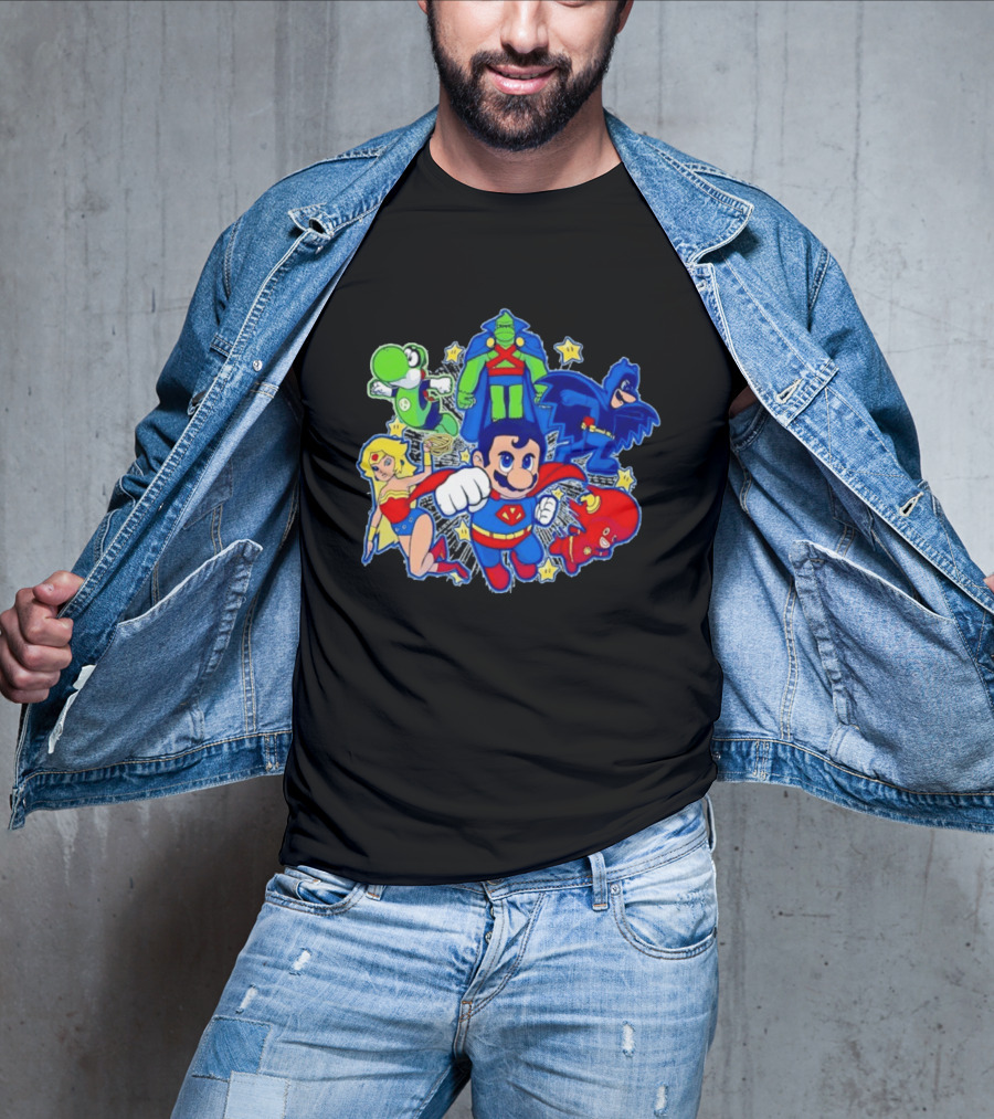Justice League Mario Bros Crossover With Yoshi Batman Flash Wonder Woman Martian Manhunter T-Shirt