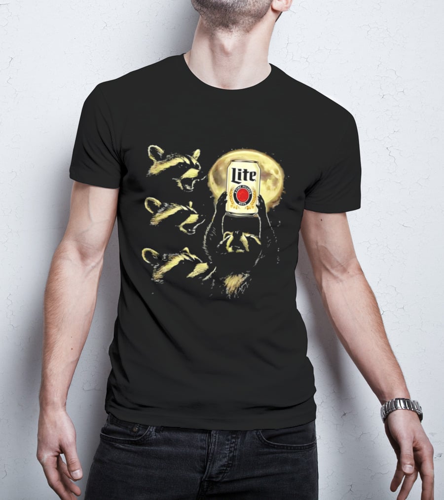 Moon Raccoon Lite Beer Can In Full Moonlight T-Shirt