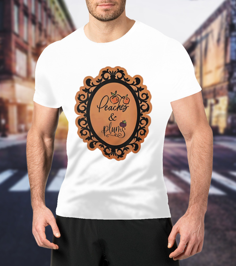 Peaches And Plums Ornate Black Floral Oval Frame T-Shirt