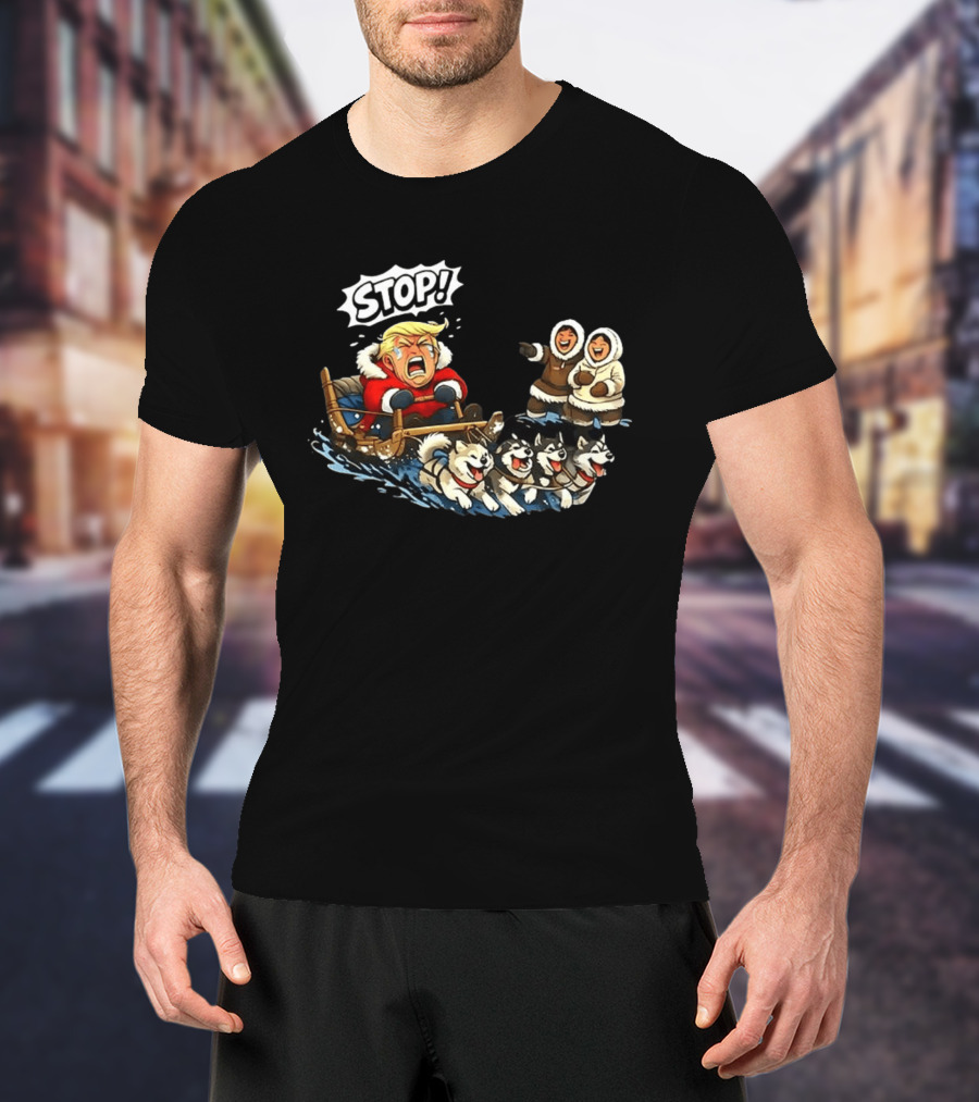 STOP Trump Greenland Dogsled Cartoon T-Shirt