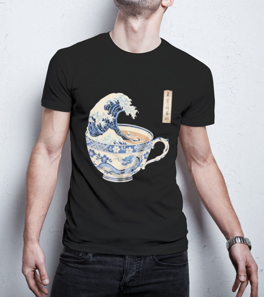 The Great Kanagawa Tea Cup Ukiyo E Wave Meets Dragon Porcelain T-Shirt