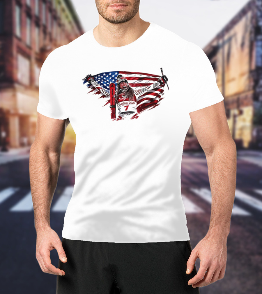 USA Winter Olympic Mikaela Shiffrin American Flag Skier T-Shirt