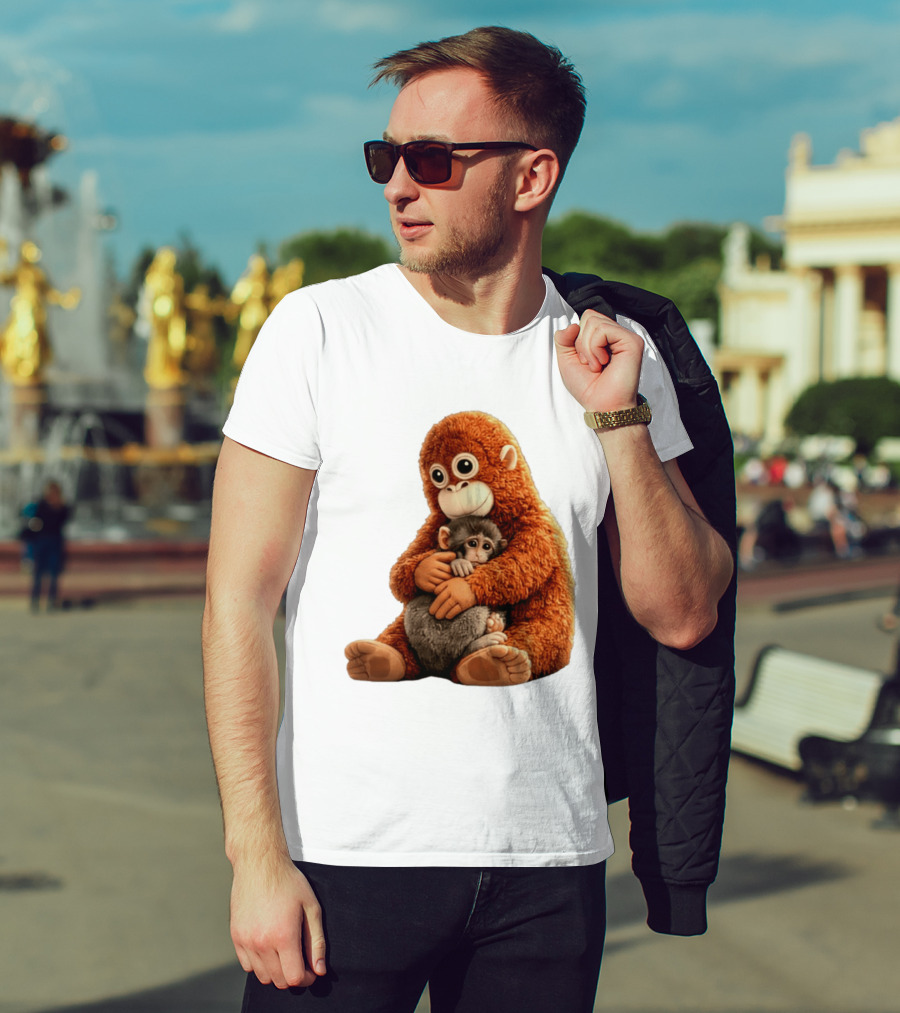 Punch Monkey Hugging Plush Baby Monkey T-Shirt