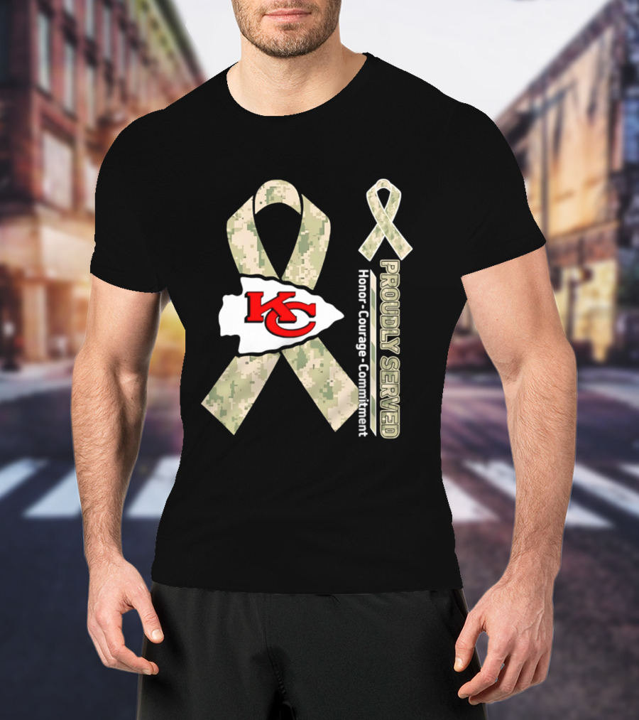 Kansas City Chiefs Military Support Honor Courage Commitment Kansas Camo Ribbon T-Shirt