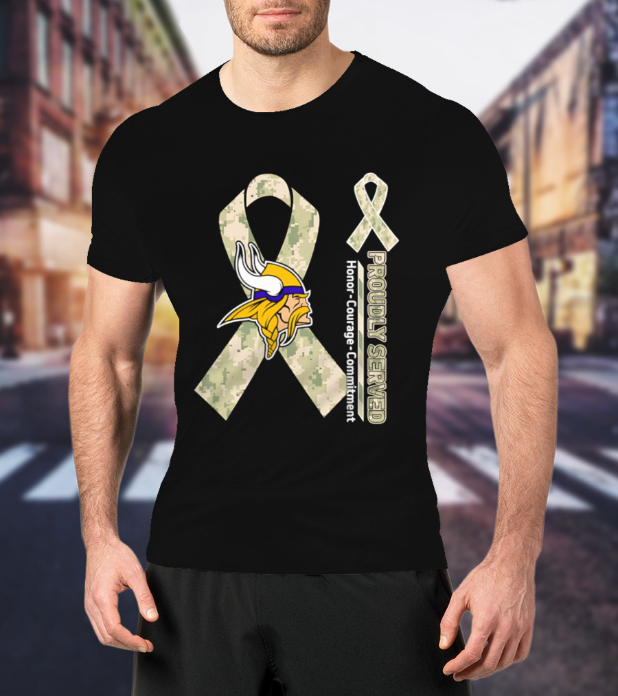 Minnesota Vikings Proudly Served Honor Courage Commitment Camouflage Ribbon T-Shirt