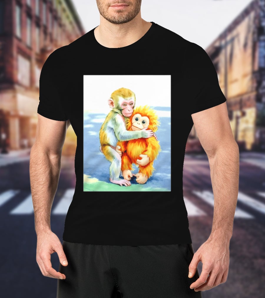 Adorable Monkey Cuddling Orange Plush Toy Scene T-Shirt