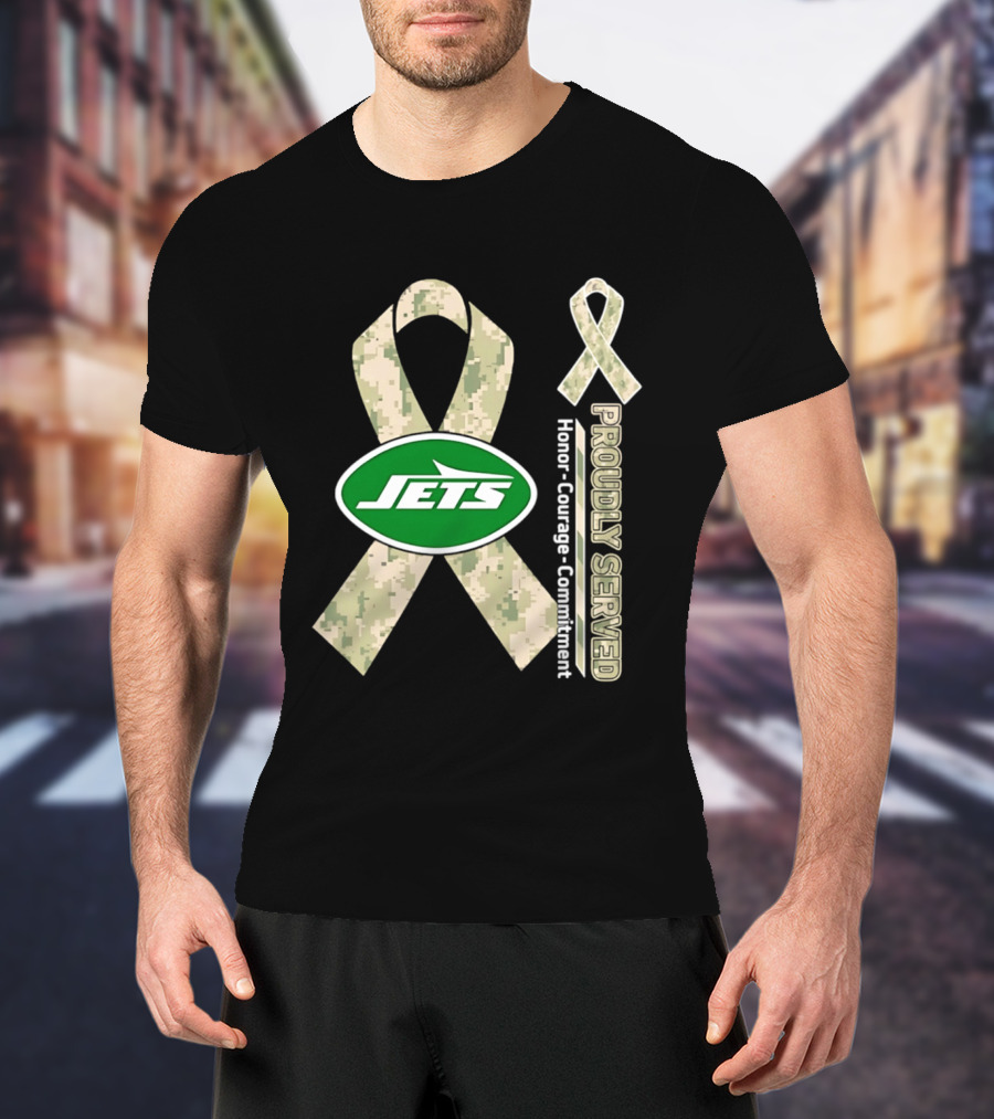 New York Jets Camo Ribbon Proudly Served Honor Courage Commitment T-Shirt