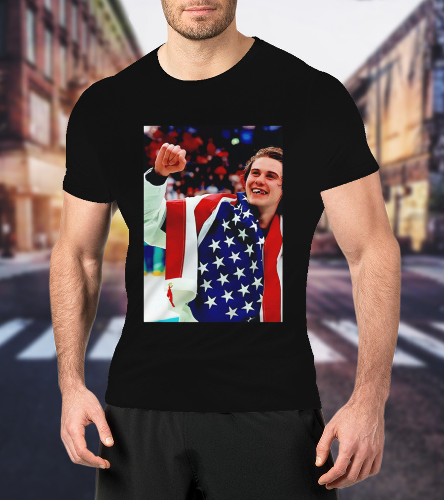 Jack Hughes Celebrating Team USA Hockey Star Spangled Moment T-Shirt