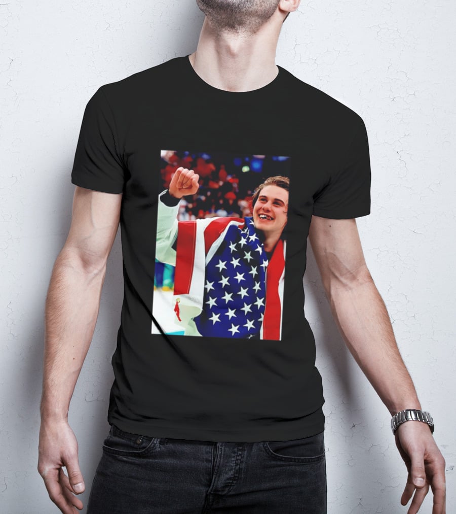 Jack Hughes Celebrating Team USA Hockey Star Spangled Moment T-Shirt