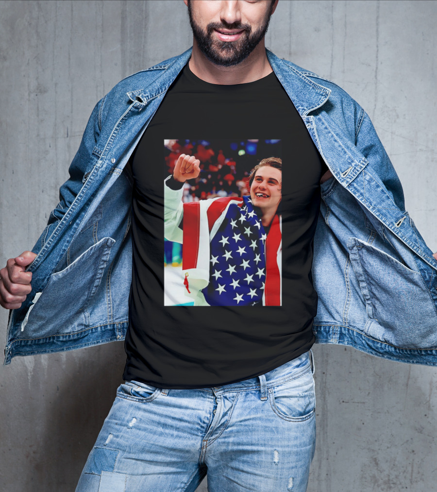 Jack Hughes Celebrating Team USA Hockey Star Spangled Moment T-Shirt