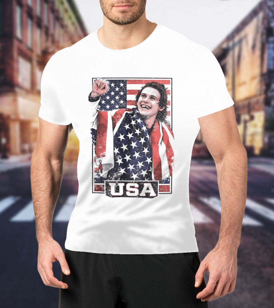 Jack Hughes USA Gold Medal Milano Cortina 2026 American Flag Hockey T-Shirt