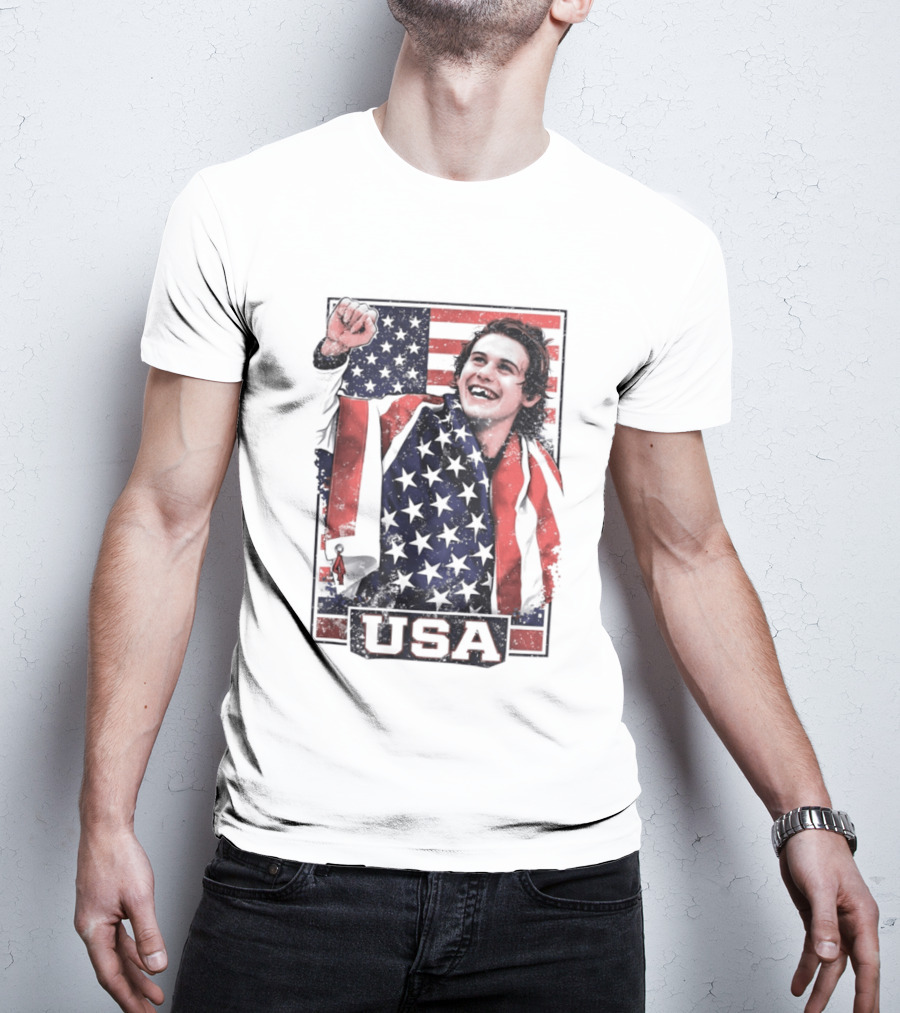 Jack Hughes USA Gold Medal Milano Cortina 2026 American Flag Hockey T-Shirt