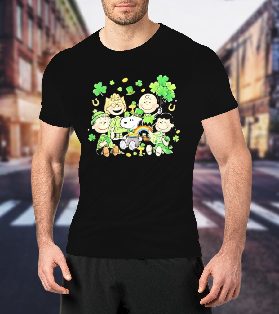 St. Patrick's Day Peanuts Snoopy And Friends With Shamrocks Horseshoes And Rainbow T-Shirt