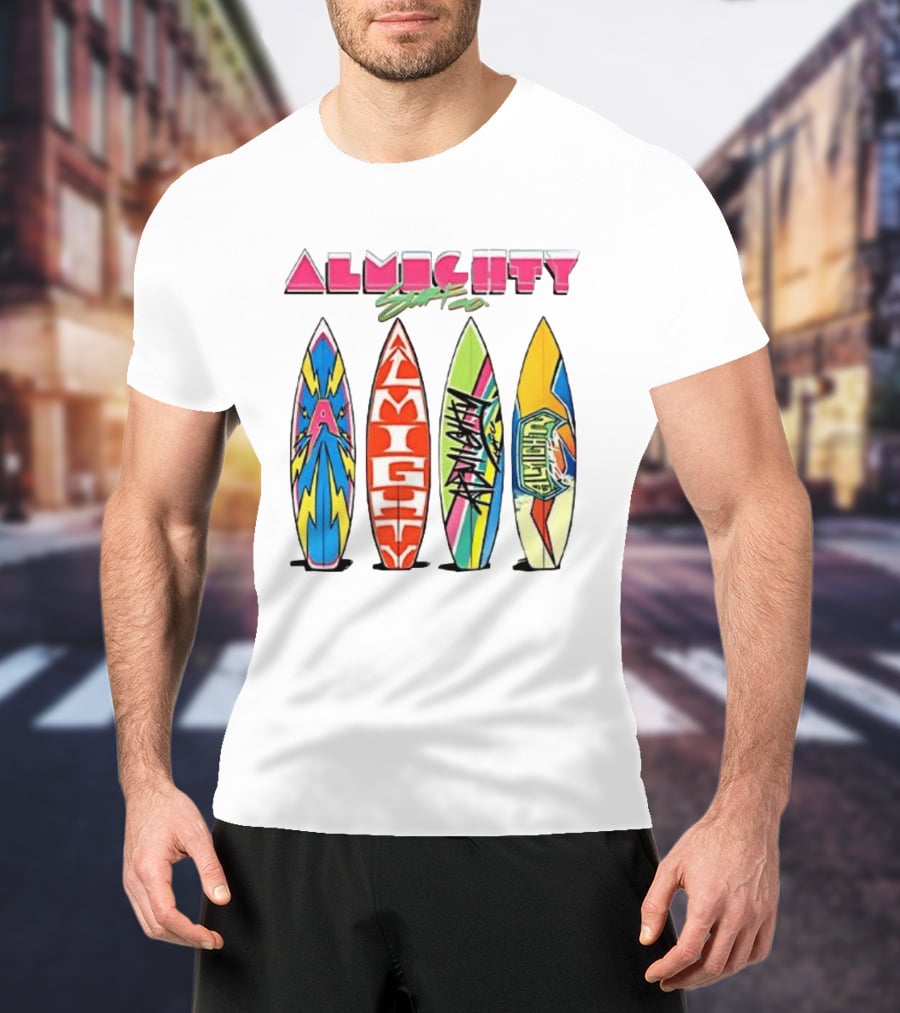 Almighty Surfs Up Collection Vibrant Surfboards T-Shirt