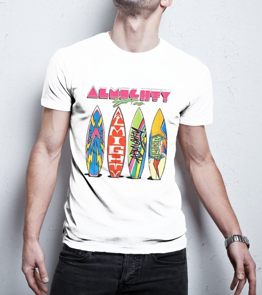 Almighty Surfs Up Collection Vibrant Surfboards T-Shirt