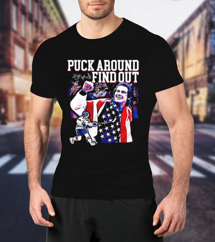 Puck Around Find Out Jack Hughes USA Hockey American Flag Celebration T-Shirt