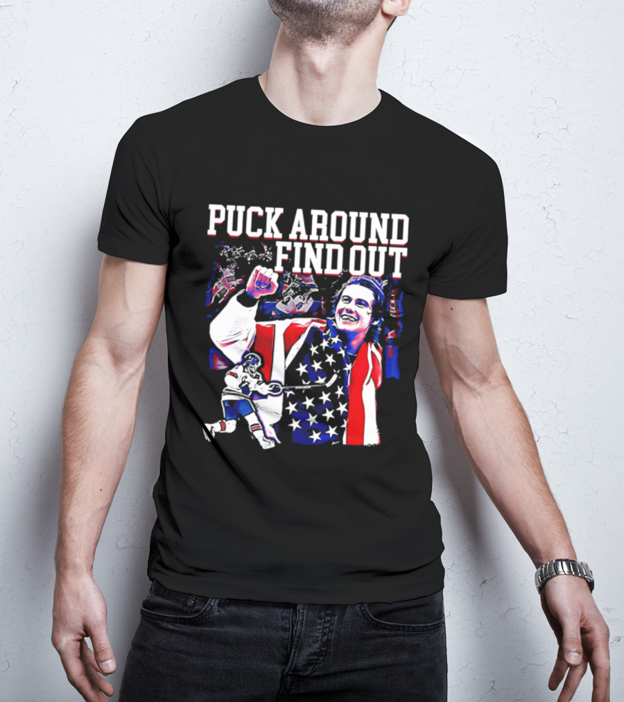 Puck Around Find Out Jack Hughes USA Hockey American Flag Celebration T-Shirt