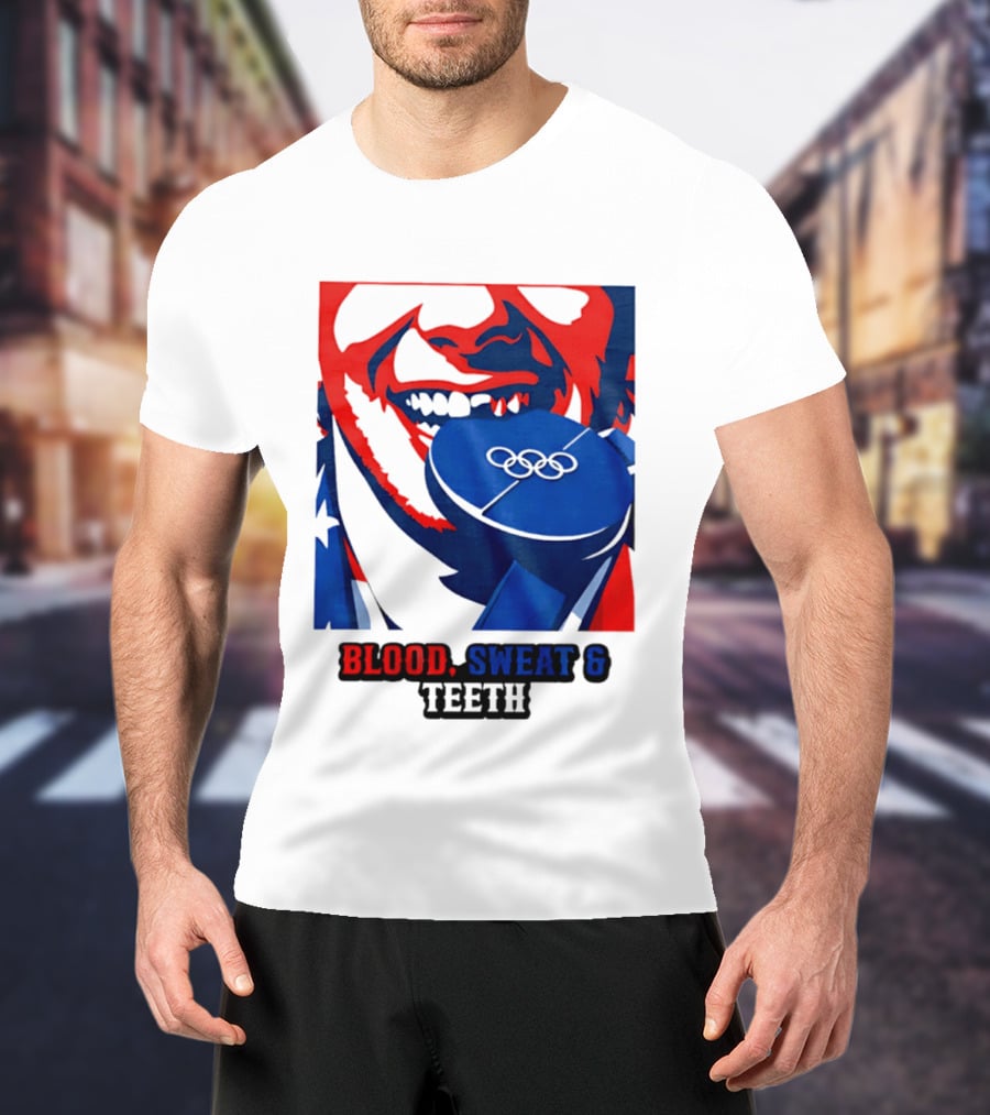 Blood Sweat Teeth Jack Hughes USA Olympic Hockey Gold Medal Champs T-Shirt