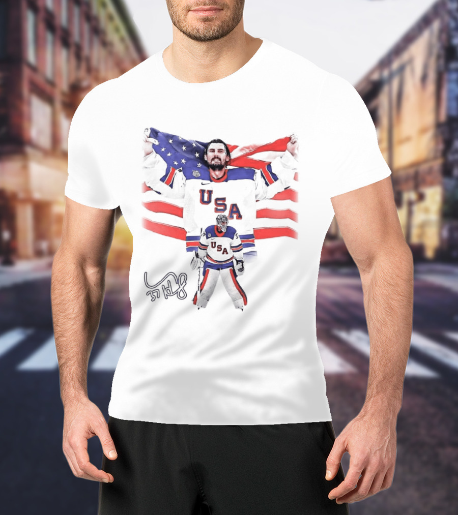 Connor Hellebuyck Team USA Olympic Gold Celebration Hockey Player With American Flag T-Shirt
