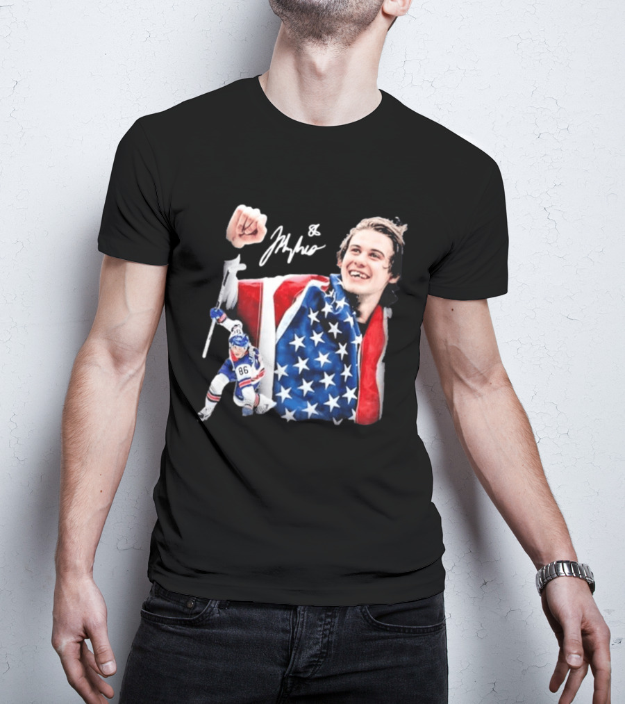 Jack Hughes USA Hockey Golden Goal Celebration T-Shirt