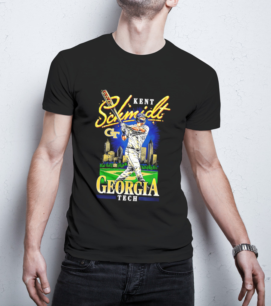 Kent Schmidt Georgia Tech Baseball Hot Dog Bat Skyline T-Shirt
