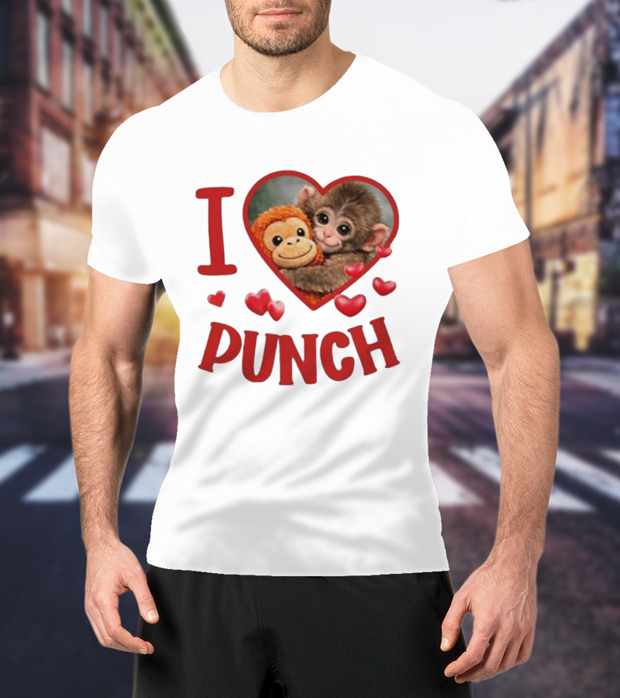 I Love Punch Heart Cute Monkey Hugging Furry Friend T-Shirt
