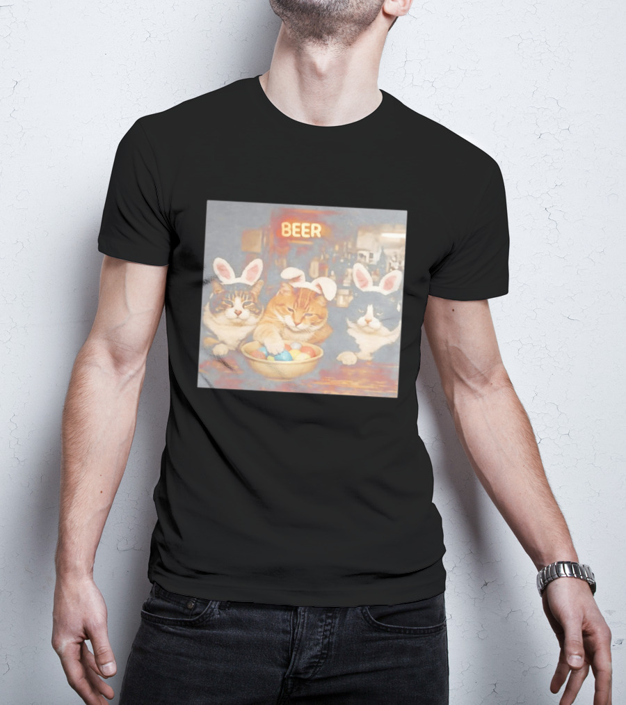 Beer Cat Trio Bunny Ears With Easter Eggs T-Shirt